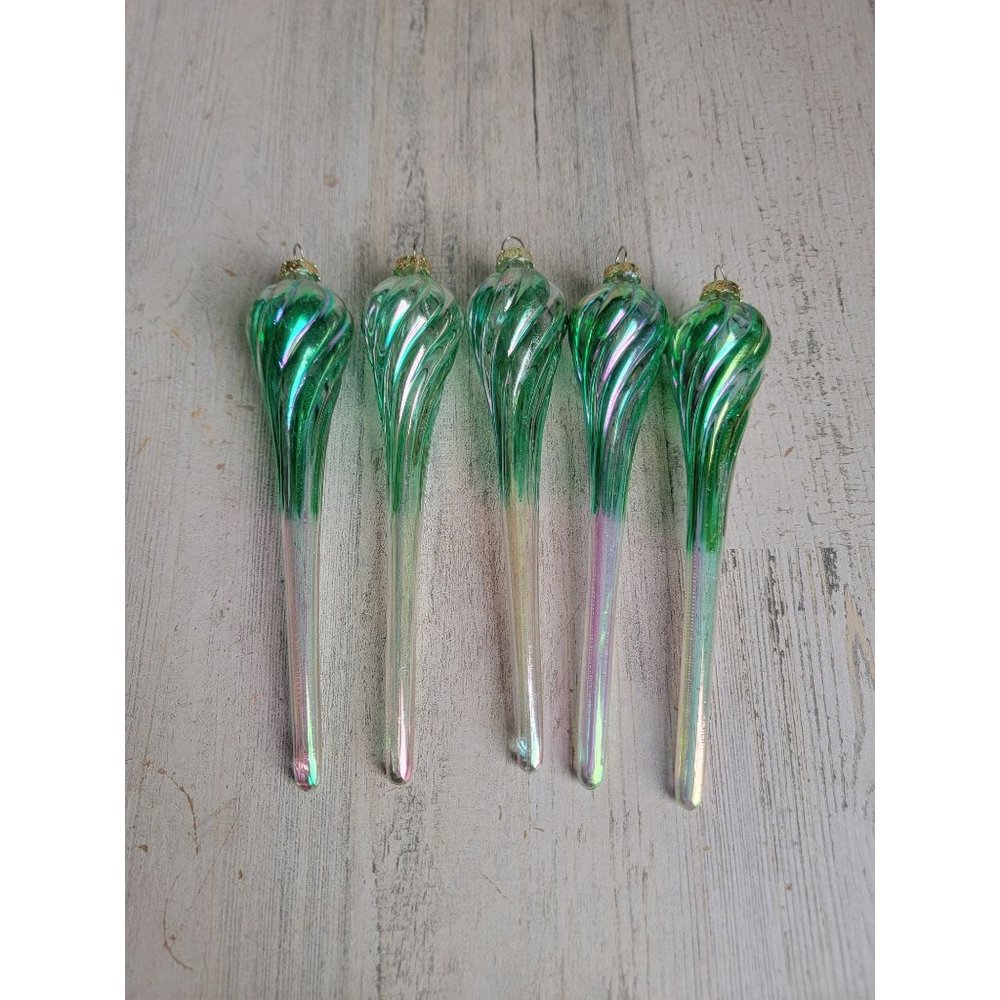 Blue Twisted glass iridescent long ornament Xmas set